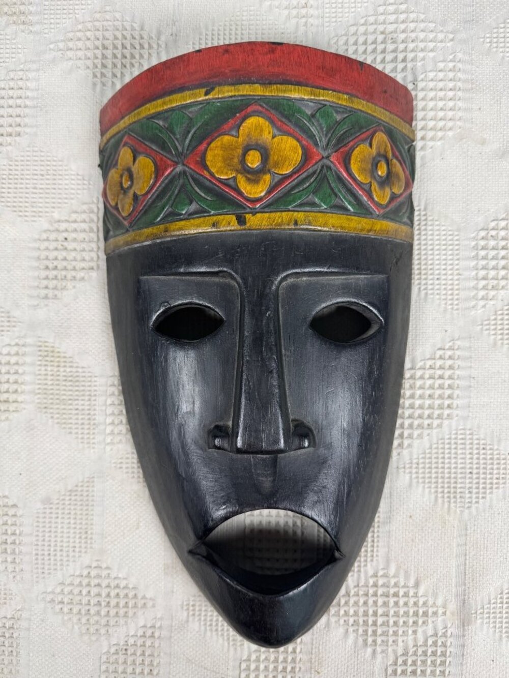 Hand Carved Wooden Mask Temor Indonesia Wall Hanging Black with Floral Accents